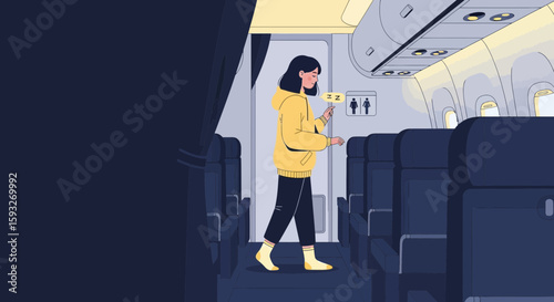 Woman Looking Mobile App On Plane Seeking Bathroom Before Nap Traveling