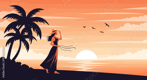 Silhouette Woman Enjoying Tropical Sunset At Seashore With Palm And Birds