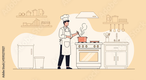 Professional Chef Preparing Meal In Modern Kitchen Interior Design Layout