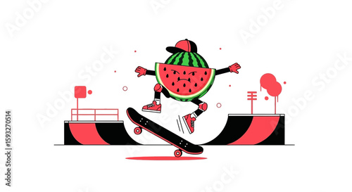 Skateboarding Watermelon With Cap Doing Tricks In A Halfpipe Summer Illustration