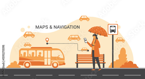 Woman Navigating Public Transportation With Her Phone And Holding Umbrella Concept