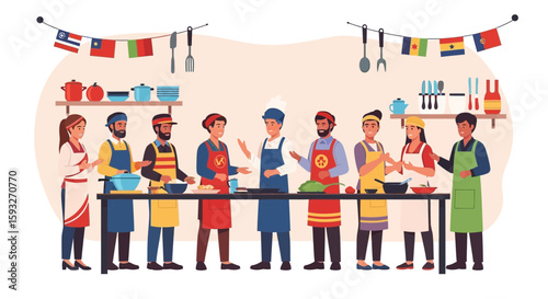 Multicultural Group Cooking Together In Culinary Class Celebrating Diversity