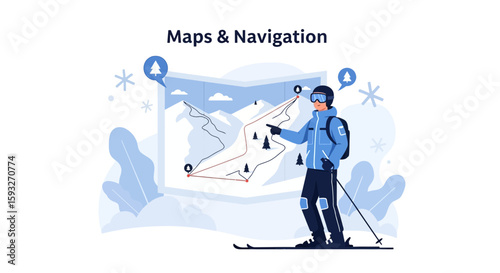 Skier Planning Winter Adventure Using Map For Safe Mountain Descent