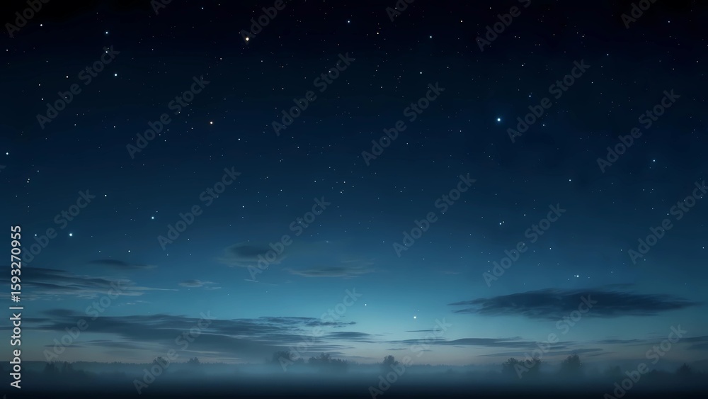 Fototapeta premium Starry night sky with deep blue hues, twinkling stars, and atmospheric clouds over a distant horizon.