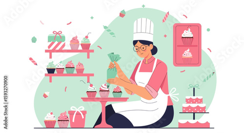 Skilled Confectioner Creating Delicious Cupcakes In Her Sweet Pastry Shop Professionally