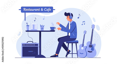 Musician Relaxing With Coffee In A Restaurant Or Cafe With His Instruments