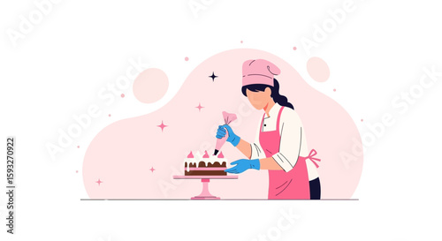 Professional Pastry Chef Decorating Cake With Frosting And Gloves In Kitchen