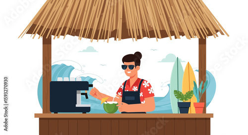 Tropical Getaway Barman Making Cocktails In A Beachfront Hut Paradise