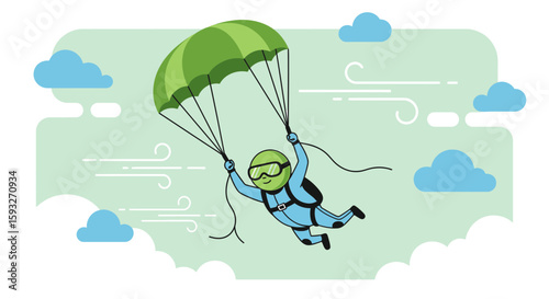 Skydiving Adventure Man Enjoying Parachute Ride In Cloudy Sky Scene