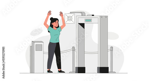 Woman Passing Through Security Metal Detector In Airport Or Public Event