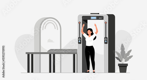 Woman Passing Through A Security Scanner In A Modern Setting Airport