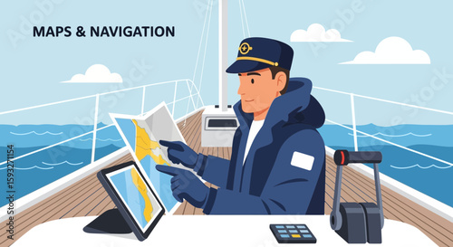 Nautical Chart Reading On Yacht With Modern Technology For Maritime Journey