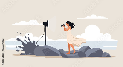 Professional Woman Capturing Coastal Beauty On Location With Lighting Equipment