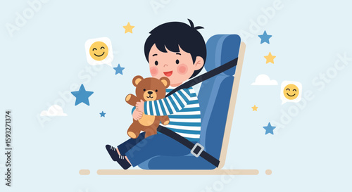 Smiling Boy Safely Buckled In Car Seat With Teddy Bear Illustration