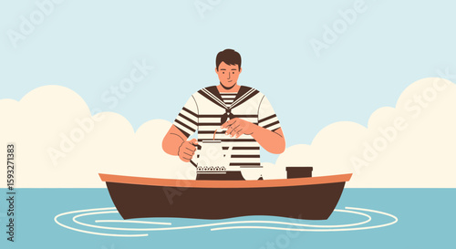 Nautical Scene Man Enjoying Tea On Boat Amidst Tranquil Water And Sky