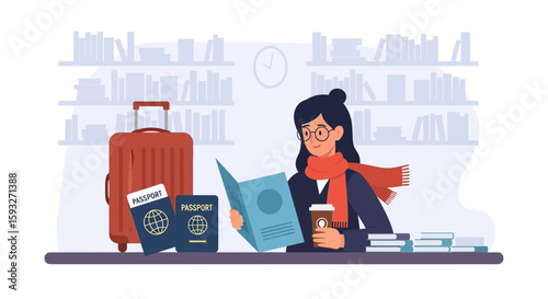 Woman Planning Travel With Passport Coffee And Luggage At Home Illustration