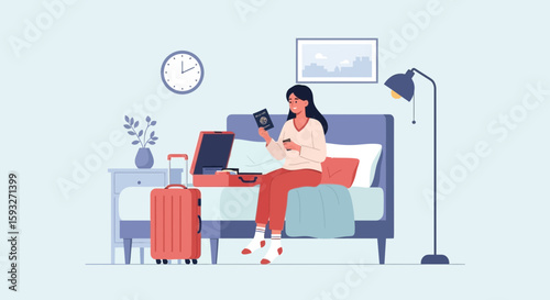 Woman Planning Travel Adventure Checking Passport Preparing Luggage At Home