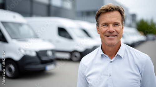 Smartly dressed logistics manager poses near organized rows of white delivery vans on a paved lot. His focused expression and upright posture highlight professionalism in fleet coo