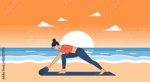 Woman Practicing Yoga Asanas on Beach During Sunset Wellness Concept