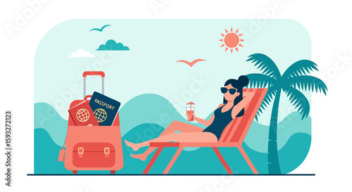 Tropical Getaway Woman Relaxing On Beach With Suitcase And Passport Ready For Vacation