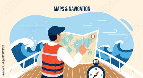 Navigating The Seas Man Charts His Journey With Map On Boat Trip