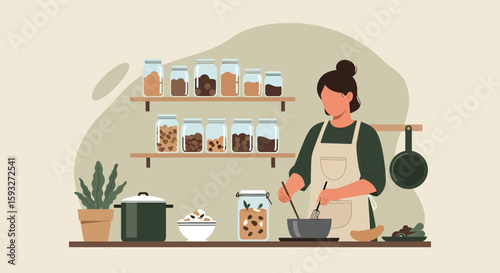 Woman Prepares Healthy Meal at Home With Natural Ingredients in Jars