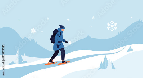 Snowshoeing Adventure Through Winter Landscape Minimalist Style Vector Illustration