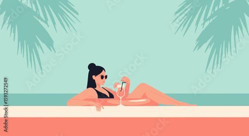 Tropical Paradise Awaits Relaxing Woman Enjoying Cocktail Near Palm Fronds