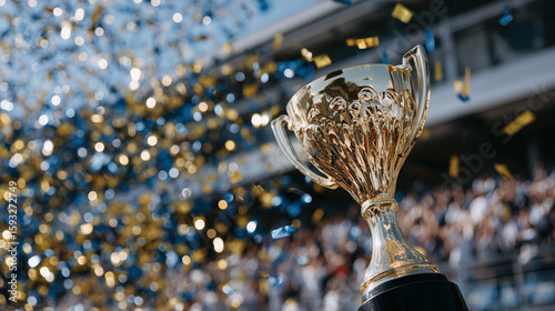 Wallpaper Mural Trophy in sharp focus, with blurred celebratory team huddle behind. Gold confetti drifts through the air, capturing the energy of recognition and positive group synergy. Torontodigital.ca