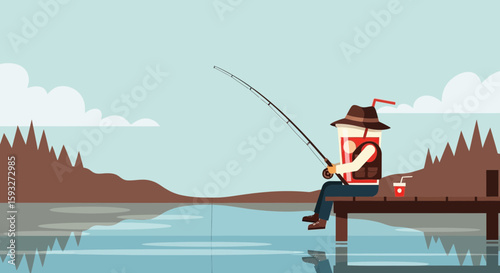 Soda Cup Enjoys A Day Of Fishing At The Lake With Mountains