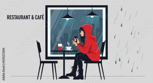 Solitary Woman In A Café On A Rainy Day Checking Her Smartphone