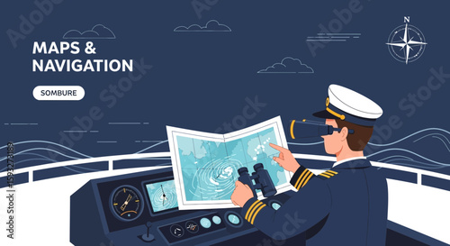 Navigation Officer Analyzing Sea Chart With Binoculars On Vessel Bridge