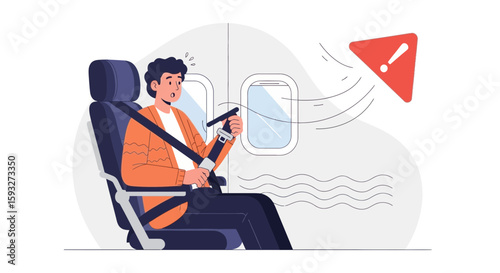 Nervous Passenger Buckled In Aircraft During Turbulence And Flying Over Water