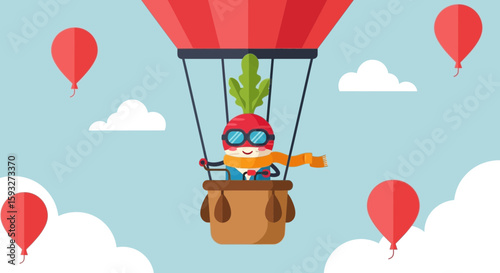 Radish Adventurer Flying In Hot Air Balloon Enjoying The Sunny Sky Day