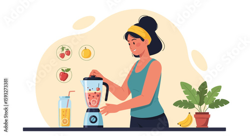 Woman Preparing Fresh Fruit Smoothie Healthy Lifestyle Concept At Home Kitchen