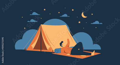 Night Camping Adventure Under The Starry Sky And Crescent Moon Relaxation