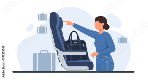 Woman Preparing Her Belongings In Airplane Seat For Convenient Air Travel
