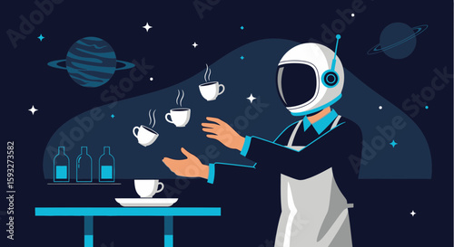 Space Cafe Astronaut Serving Coffee In Zero Gravity Environment With Planets Around