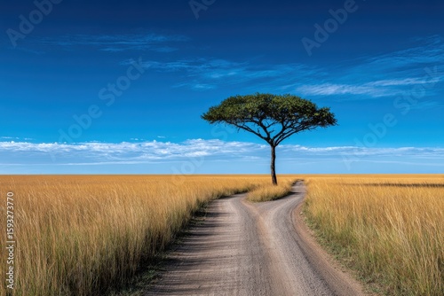 Majestic solitary tree stands tall in golden grasslands beneath a brilliant blue sky during midday in the Serengeti