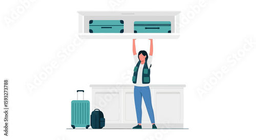 Woman Preparing Her Luggage In The Overhead Compartment For An Airplane Travel