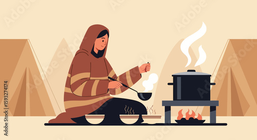 Nomadic Woman Cooking Food Over Campfire In Traditional Desert Environment