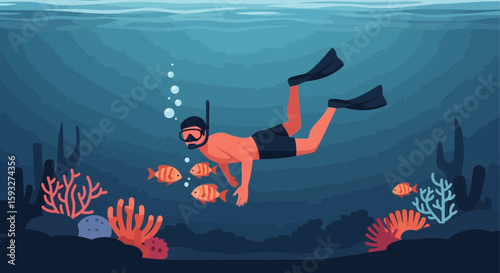 Underwater Adventure A Man Snorkeling In Blue Ocean With Tropical Fish And Corals