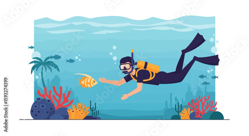 Underwater Encounter Diver Interacting With Tropical Fish In Coral Reef Scene