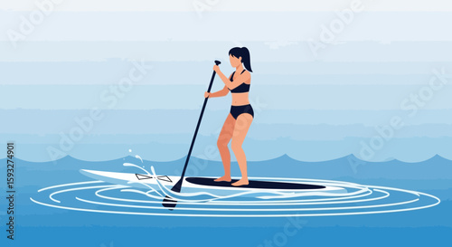 Sporty Woman Enjoying Paddleboarding Adventure On Sunny Day At Sea