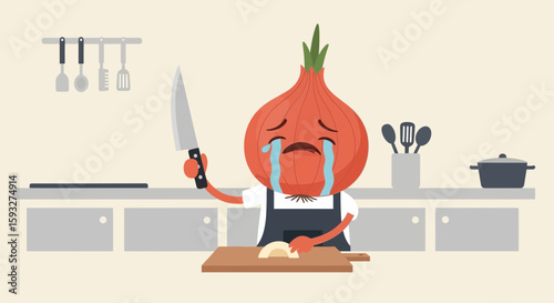 Onion Character Crying While Cutting Himself In The Kitchen Preparation