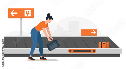 Woman Reaching For Luggage At Baggage Claim In An Airport Travel Illustration