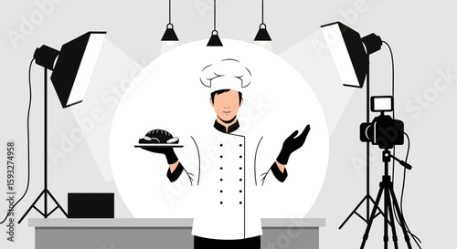 Online Cooking Chef Presenting Homemade Bread With Filming Equipment Setup