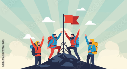 Reaching Summit Together: A Group Of Climbers Celebrating Victory On Mountain Top