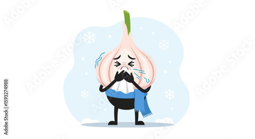 Unwell Garlic Character Suffering From a Cold or Seasonal Allergies