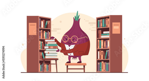 Onion Character In A Library With Books And Wearing Glasses And A Jacket